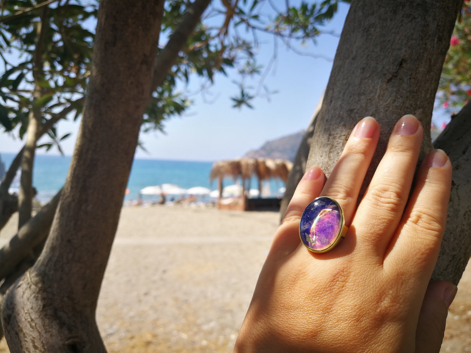 Holiday Ocean - Mood Ring - Crystal Quartz - 24x18 mm - Gold Plated Sterling Silver 925