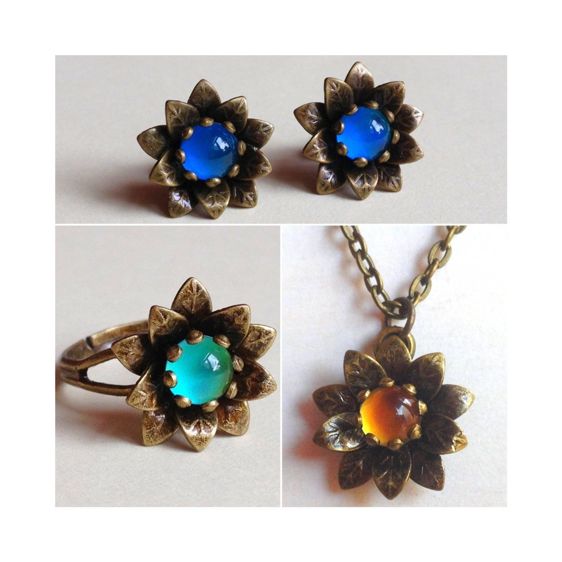 Flower Kingdom Set - Mood Ring Earrings Necklace - 6 mm - Brass