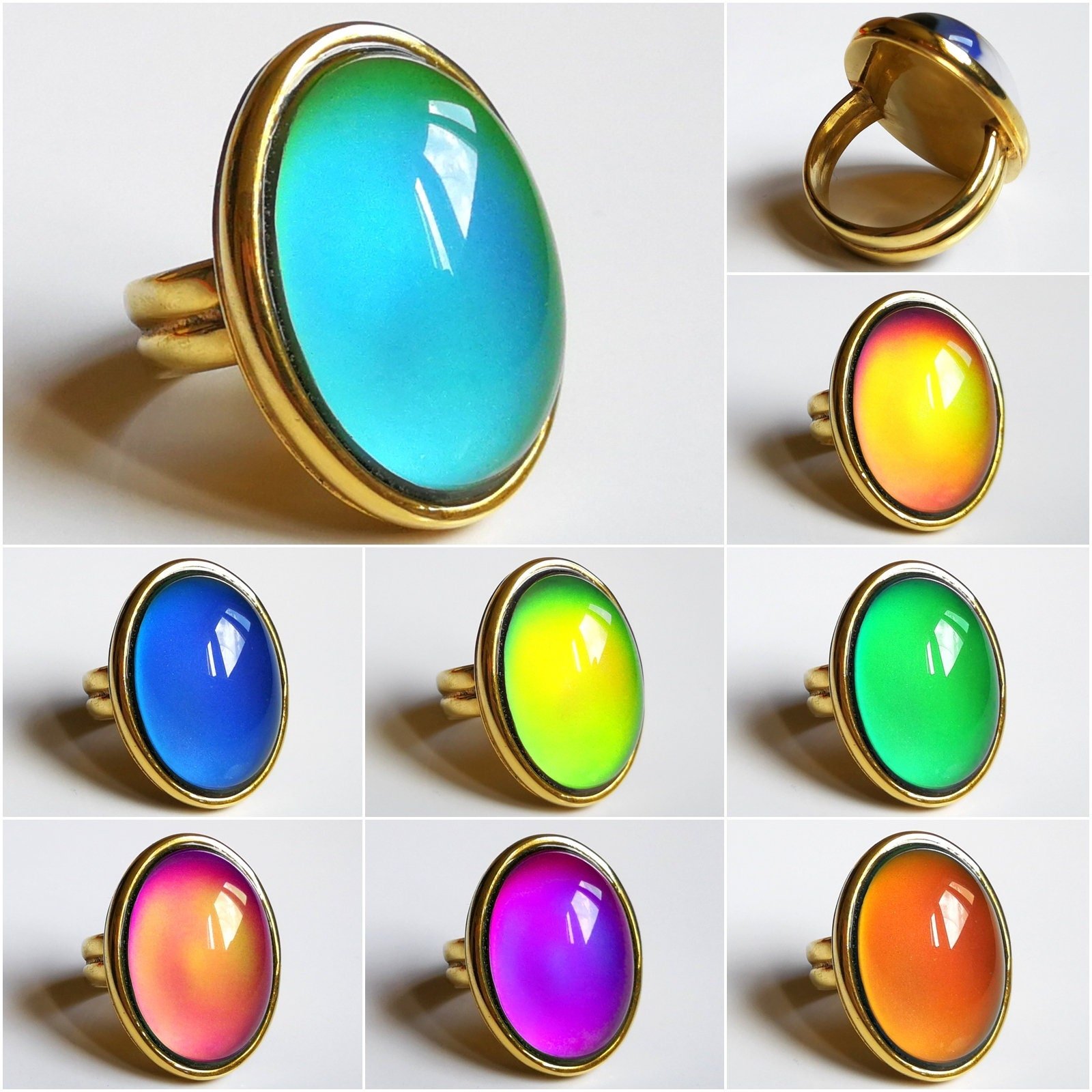 Golden Fountain of Youth - Mood Ring - 25x18 mm - 24k Gold Plated Sterling Silver 925