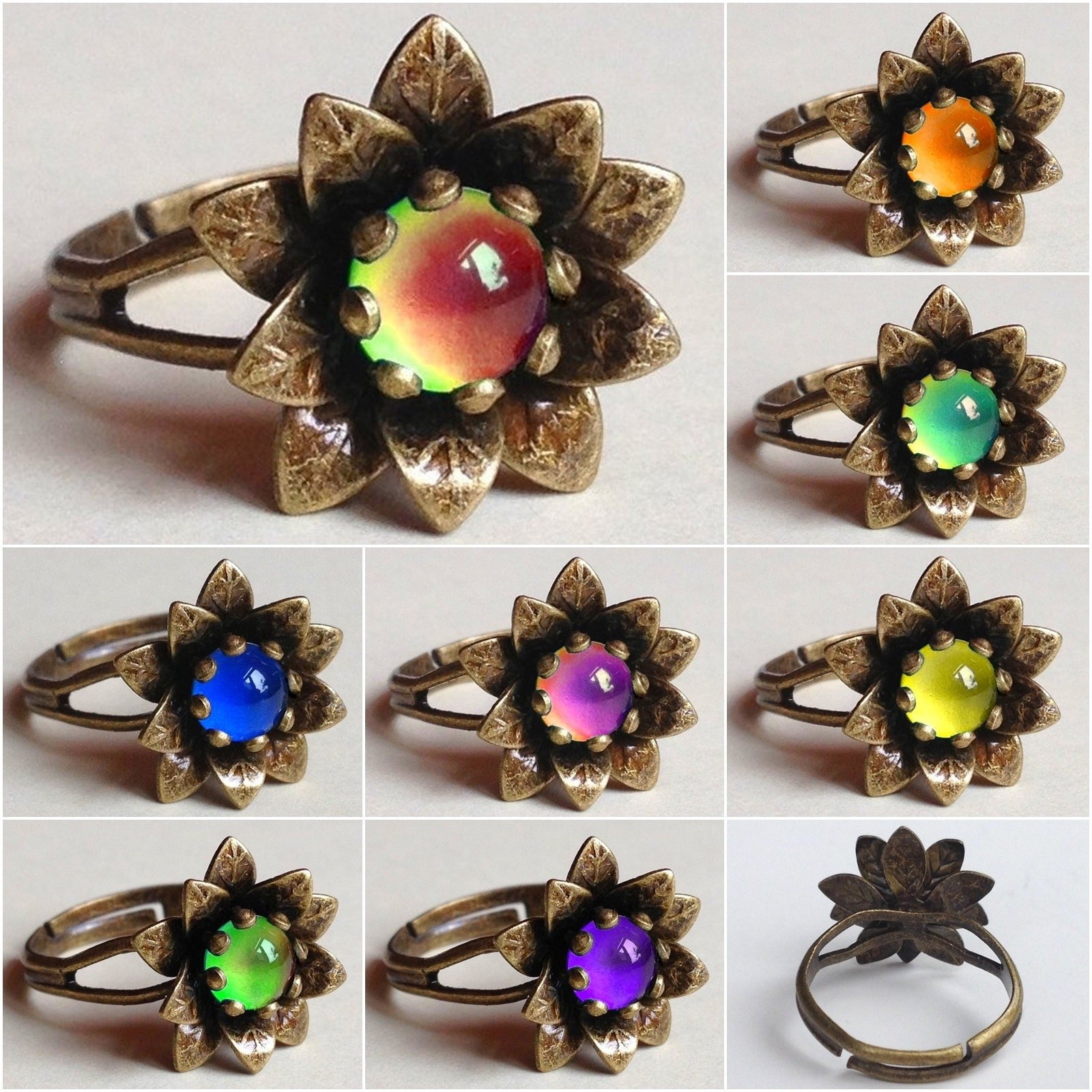 Flower Kingdom Set - Mood Ring Earrings Necklace - 6 mm - Brass