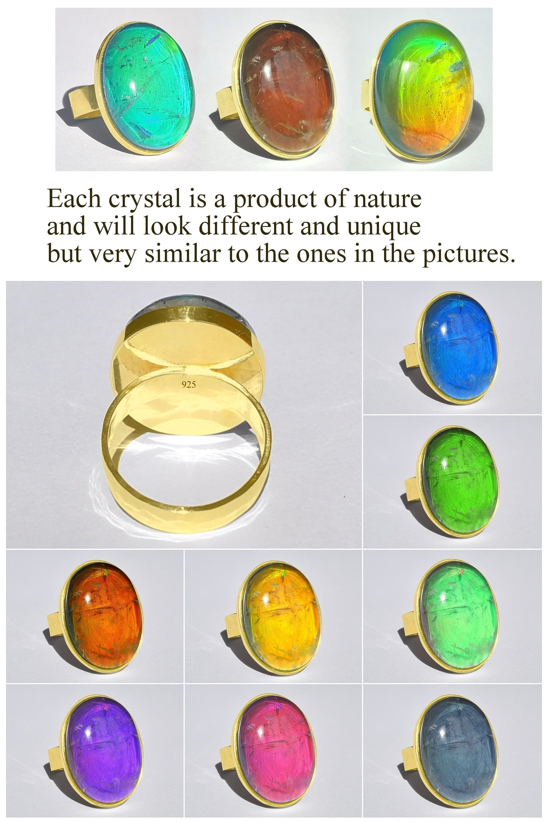 Holiday Ocean - Mood Ring - Crystal Quartz - 24x18 mm - Gold Plated Sterling Silver 925