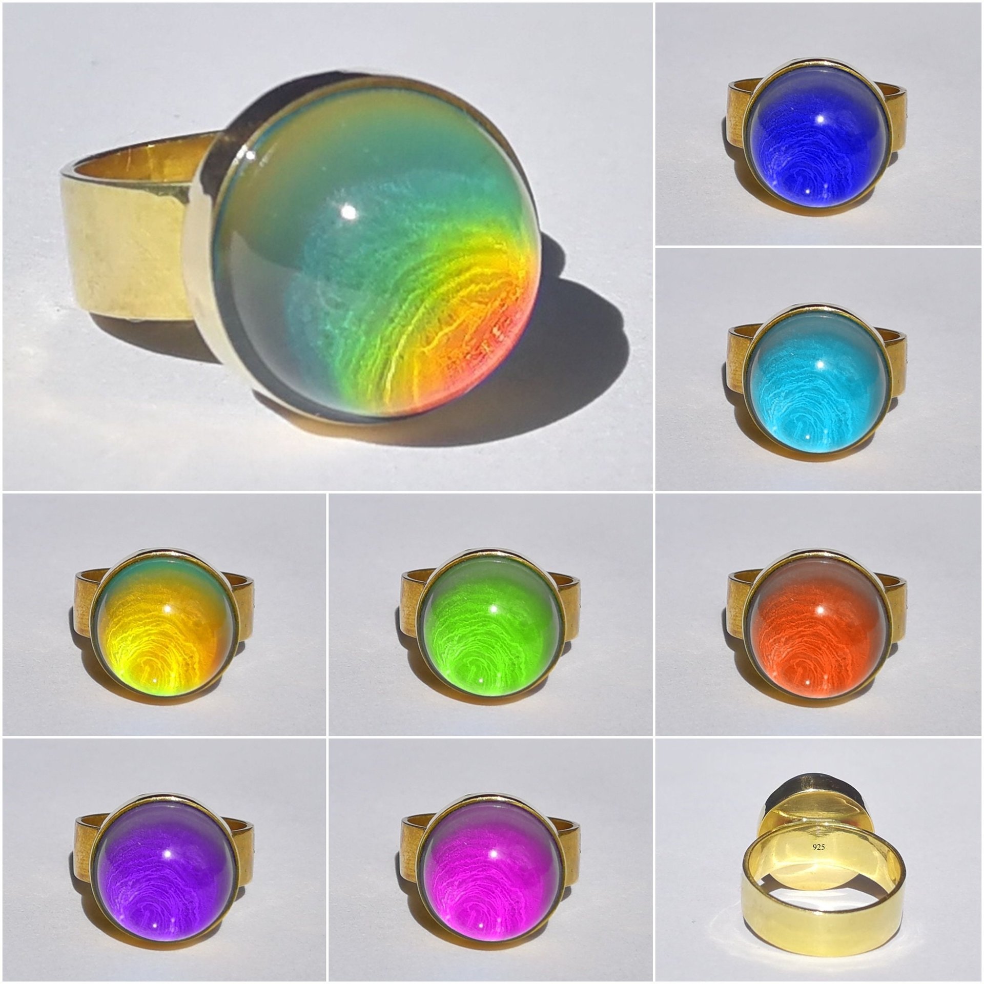 Sun of Antares - Mood Ring - 14 mm - Gold Plated Sterling Silver 925 - AAA Crystal Quartz