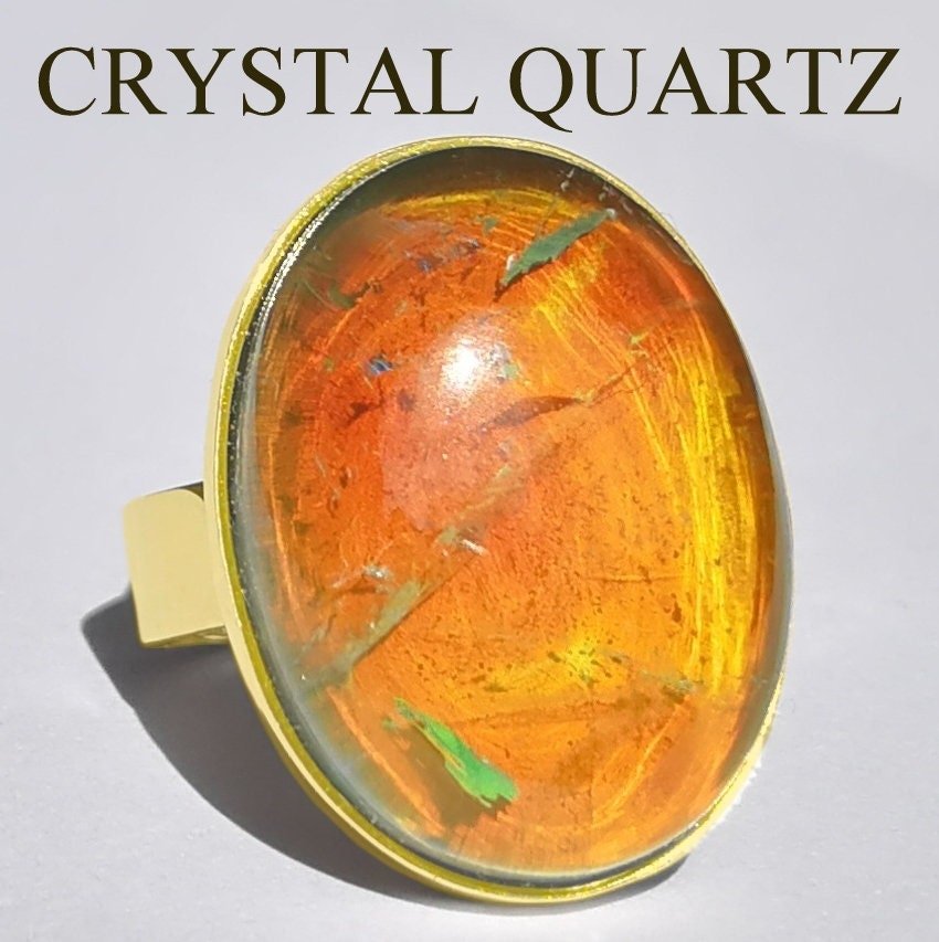 Holiday Ocean - Mood Ring - Crystal Quartz - 24x18 mm - Gold Plated Sterling Silver 925
