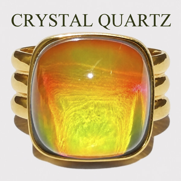 Northern Lights - Mood Ring - 15 mm - Gold Plated Sterling Silver 925 - AAA Crystal Quartz