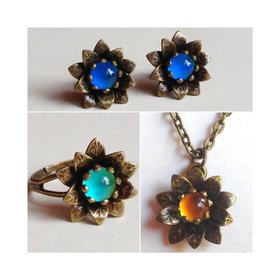 Flower Kingdom Set - Mood Ring Earrings Necklace - 6 mm - Brass